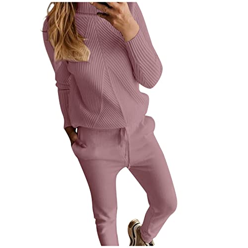 Conjunto de punto para las mujeres traje de cuello alto color sólido suéter suéter pantalones traje caliente suave casual dos piezas conjunto de combinación vector, rosa, XXL