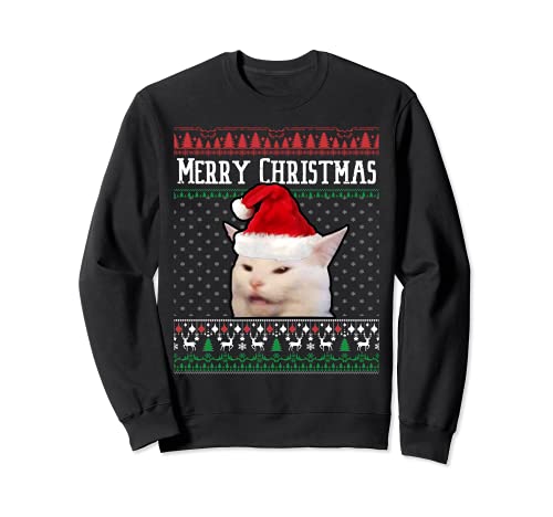 Mujer gritando a un gato manchado feo suéter de Navidad meme Sudadera