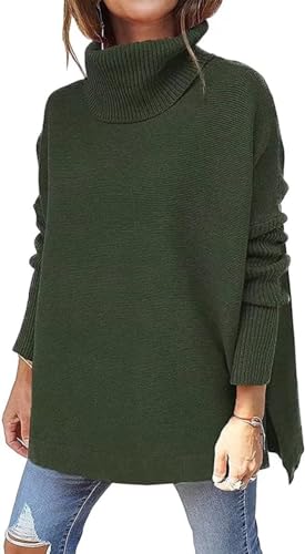 Suéter de Cuello Alto Mujer Jersey de Punto Casual de Color Sólido Jersey de Cuello Vuelto Manga Larga Caliente en Invierno, Manga Larga de murciélago (M,Green)