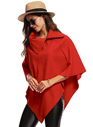 Rayson Ponchos Mujer Punto Invierno Otoño Elegante Irregular Calentar Jersey en Colores Lisos Escote Diagonal con Capa de Cremallera y Capa de Cuello Alto Dos Formas de Llevar(Rojo)