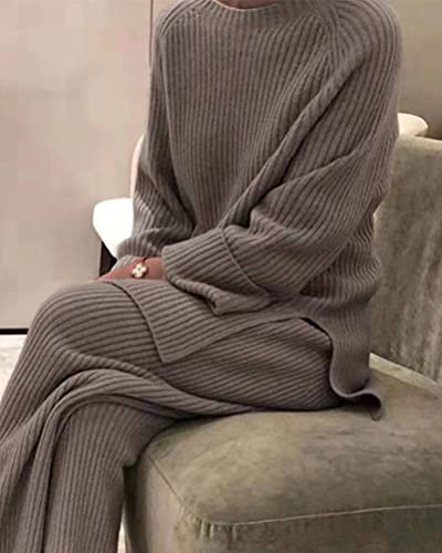Onsoyours Suéter De Punto Traje Wide Leg Pantalones Y Sudaderas Conjuntos De Tejido De Invierno Mujer Color Sólido Casual Conjuntos De 2 Piezas para Jerseys Camello XL