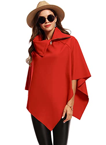 Rayson Ponchos Mujer Punto Invierno Otoño Elegante Irregular Calentar Jersey en Colores Lisos Escote Diagonal con Capa de Cremallera y Capa de Cuello Alto Dos Formas de Llevar(Rojo)