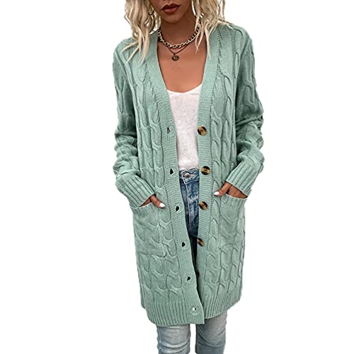 Xinwcang Cárdigan Largo para Mujer, Suéter de Punto Frente Abierto Jersey con Bolsillos, Abrigo de Manga Larga - Verde Claro,M
