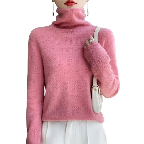 Suéter de Cuello Alto de Cachemira para Mujer,Jersey de Manga Larga de Cachemira, Jerseys de Punto Ligeros Huecos con Cuello Alto (Large,Pink)