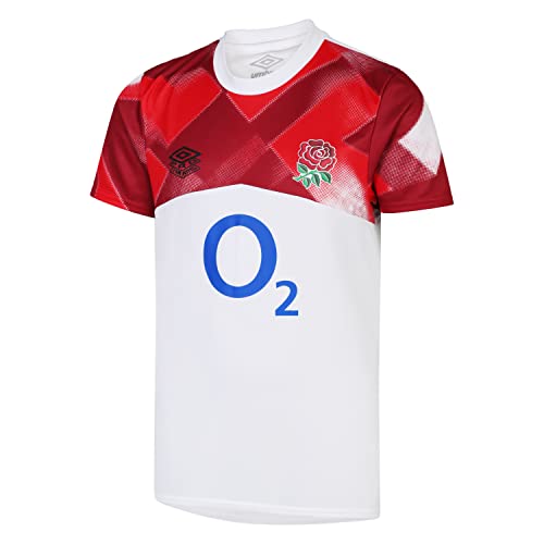 UMBRO Camiseta de Calentamiento de Inglaterra (O2) Jnr Jersey, Unisex, Blanco Brillante, Rojo ardiente, Rojo bufón, YS