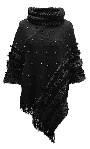 Rayson Poncho Mujer con Flecos Invierno Cálido Punto Capa de Cuello Alto Elegante aplicación de Perlas Jersey Pullover（Negro）