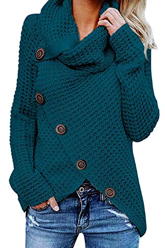 Tuopuda Jerseys De Punto para Mujer Cuello de Tortuga Manga Larga Suelto Prendas de Punto Suéter Irregular Jerséis Collar de la Pila Tops Sudadera Casual Tallas Grandes Suéter Suelta(Azul,M)