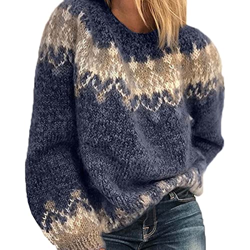 HUIPYOU Suéter de Punto Grueso para Mujer de otoño e Invierno con Cuello Redondo Casual Suelto Mohair, Azul, XXX-Large