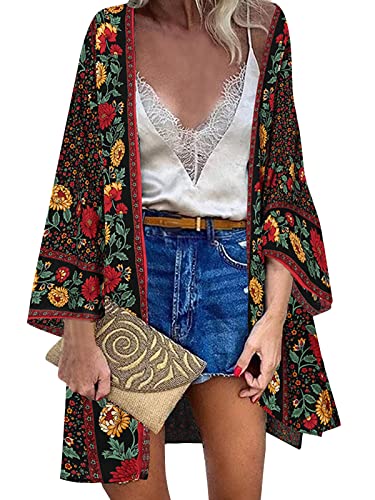 ZANZEA Mujer Gasa Cárdigan Floral Kaftan Playa Kimono Pareos Bohemia Suelto Verano Cover Up Blusa Homewear Tops Flor Negro XXL