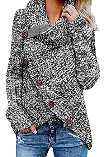 UMIPUBO Jerseys De Punto para Mujer Pullover Jersey Cuello de Tortuga Manga Larga Suelto Prendas de Punto Suéter Irregular Jerséis Collar de la Pila Tops Cálido Otoño Invierno (Gris, M)